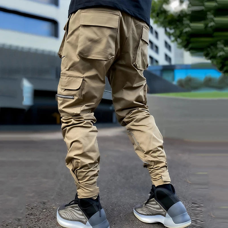 Men's Casual Pants Multi-pocket Cargo Trousers Striped Reflect Sweatpants Breathable Lightweight Jogging Trousers Gym Trackpant