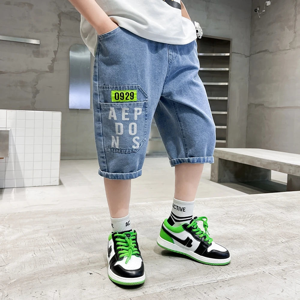 Teen Boys Shorts New Casual Alphabet Cotton Thin Denim Ffabric Children Short Jeans Clothing for Boy 4 6 8 10 12 14 16 Years