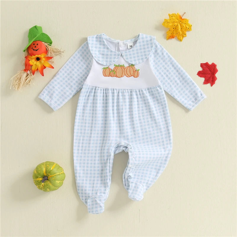 Baby Clothes Baby Girls Boys Halloween Romper Pumpkin Embroidery Plaid Doll Collar Long Sleeve Footie Jumpsuit for Fall