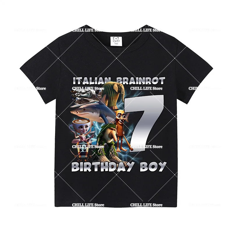 Italian Brainro Kids Birthday Number T-shirts Tung Tung Tung Sahur Summer Clothes Funny Meme Short Sleeves Tops Boys Girls Tees