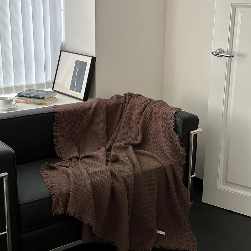 1PC Blanket 100% Cotton Sofa Towel Tassels Bed Solid Color Shawl Skin-friendly Plaid Blankets for Travel Home Bed Sofa Office