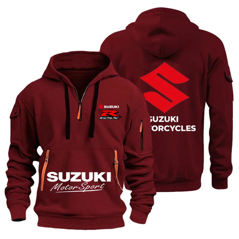 New Suzuki men's hooded sweatshirt for autumn and winter outdoor motorcycle sweatshirt, semi-zipper hooded sweatshirt