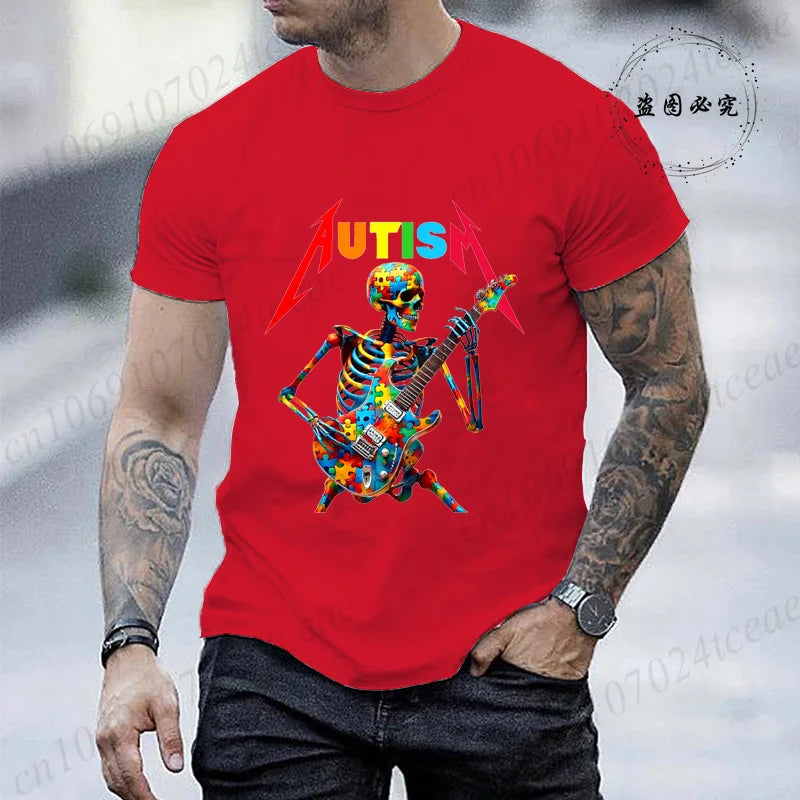 Autism Skeleton Guitar Player Rock Music Autism Awareness Shirt Fashion T-shirt for Men Tops Summer Casual Men's Tshirt Clothing