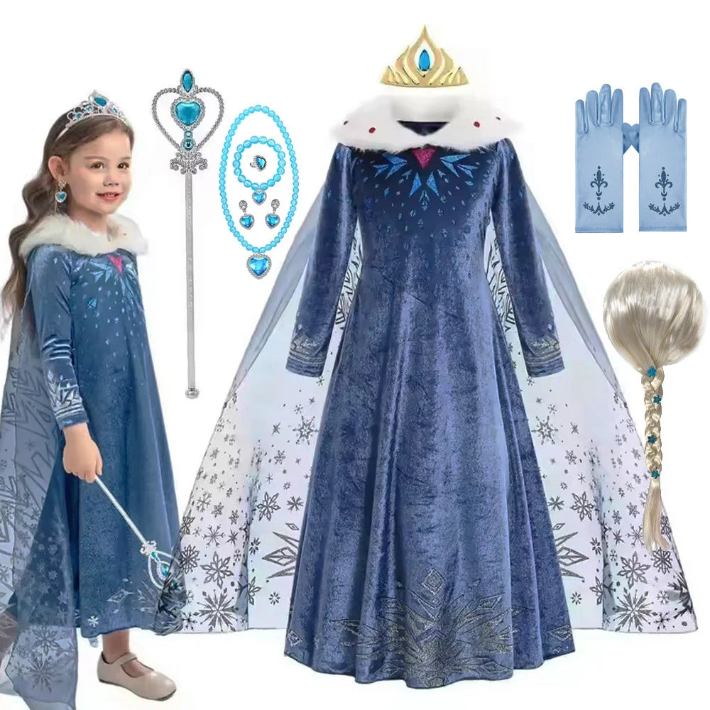 Elsa Costume Girl Blue Dress Long Sleeve Kids Cosplay Princess Dress Up Halloween Birthday Party Outfit