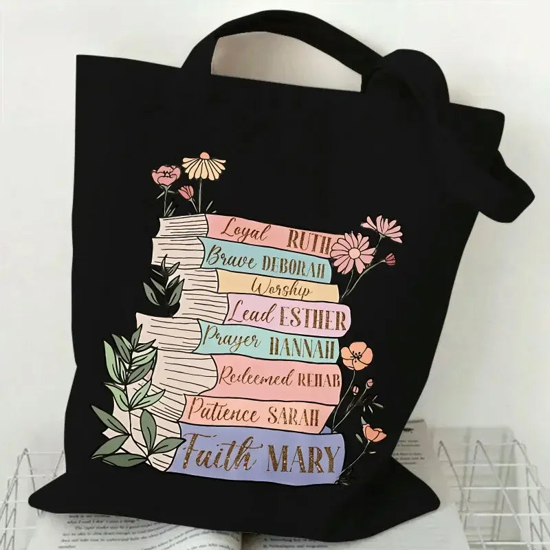 Canvas Tote Bag with Floral Book Reusable Shopping Bag Everyday Carryall for Books, Travel Gift for Readers and Plant Lovers