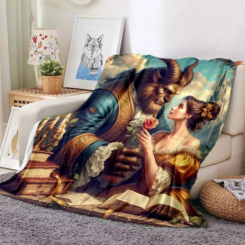 Lovely Beauty and The Beast Cartoon Soft Blankets,Keep Warm Throw Blanket Comfortable Blanket for Picnic Beds Sofa Home Bedroom