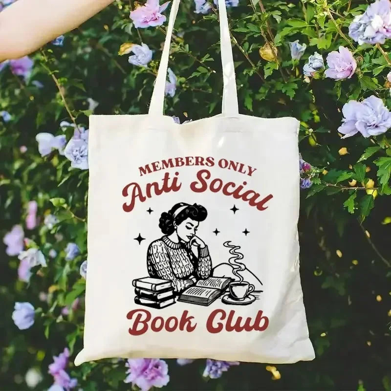Anti-Social Book Club Tote Bag for Women Canvas Square Tote with Book Lover Spacious for Travel Work School Shopping & Parties