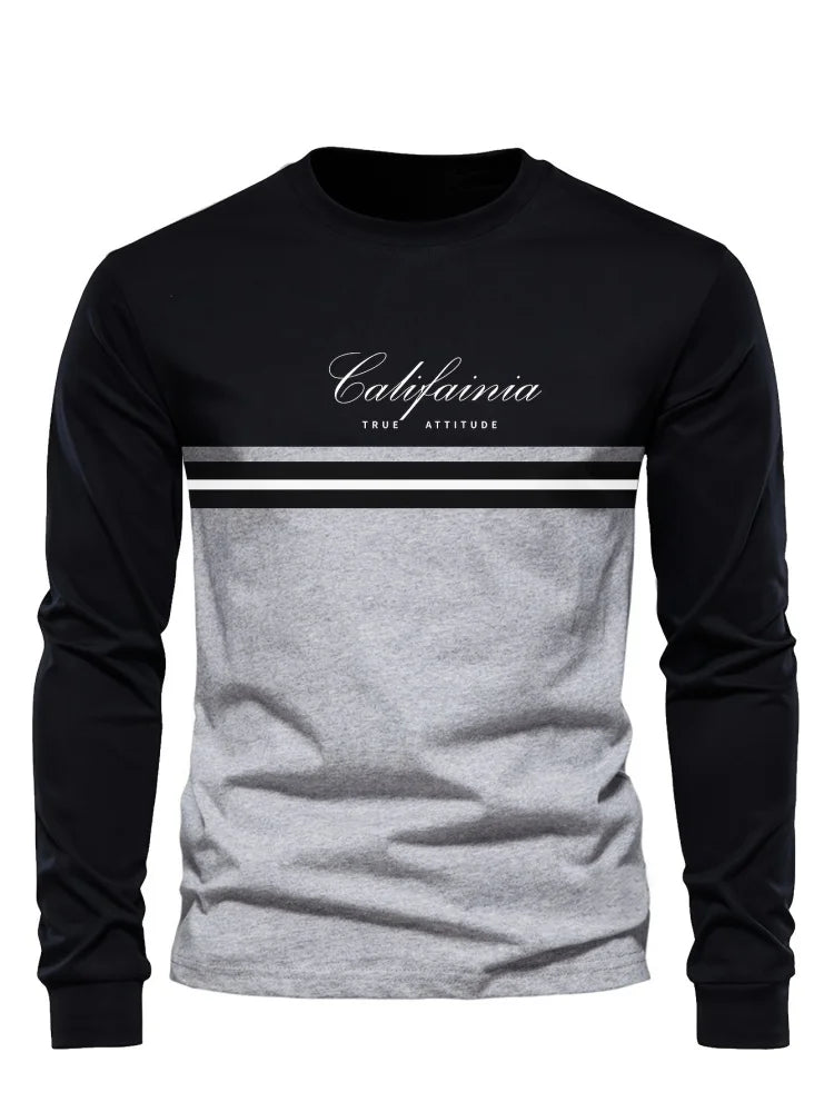 Men's Long Sleeve T-shirt Beige and Black Color-block Design Letter Print Stretchy Autumn Top Casual Basic Long Sleeve Clothing