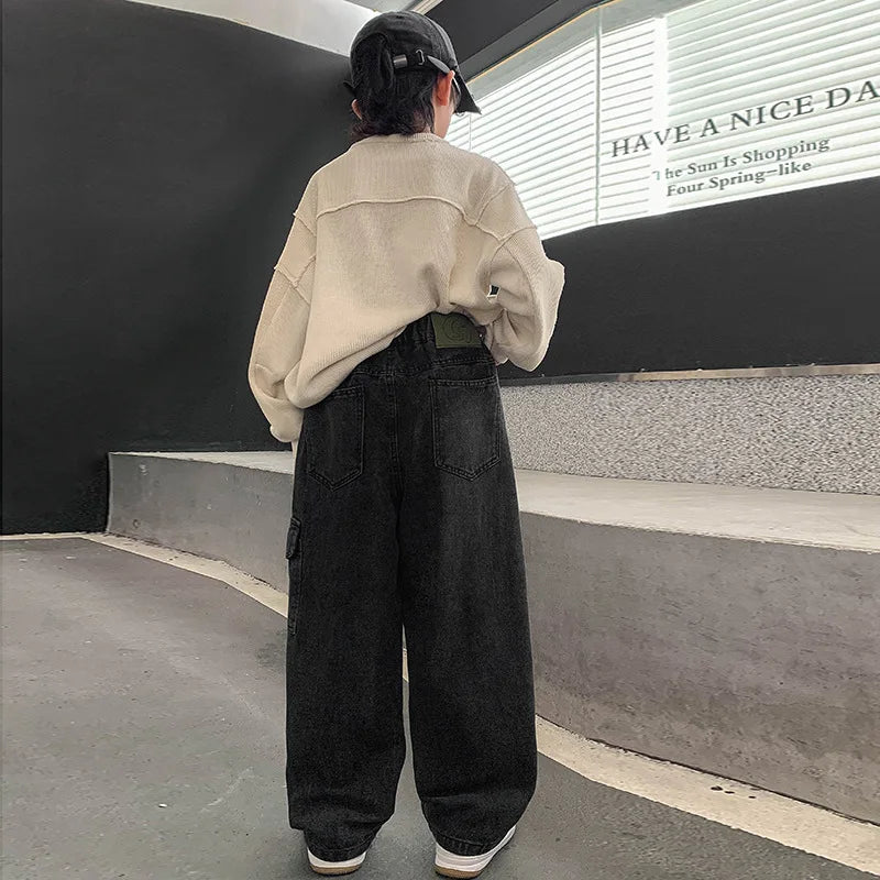 Boys Cargo Jeans New Teenage Children Wide Leg Denim Pants for Kids Loose Pockets Trousers Spring Autumn 4 6 8 10 12 14 16Yrs