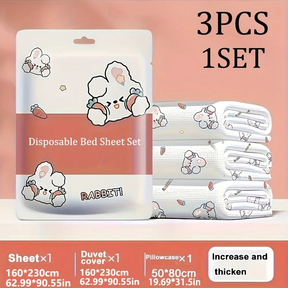 3PCS Disposable Bed Sheet Set Non-Woven Travel Bedding  Hypoallergenic Pillowcase & Fitted Sheet for Hotel, Camping