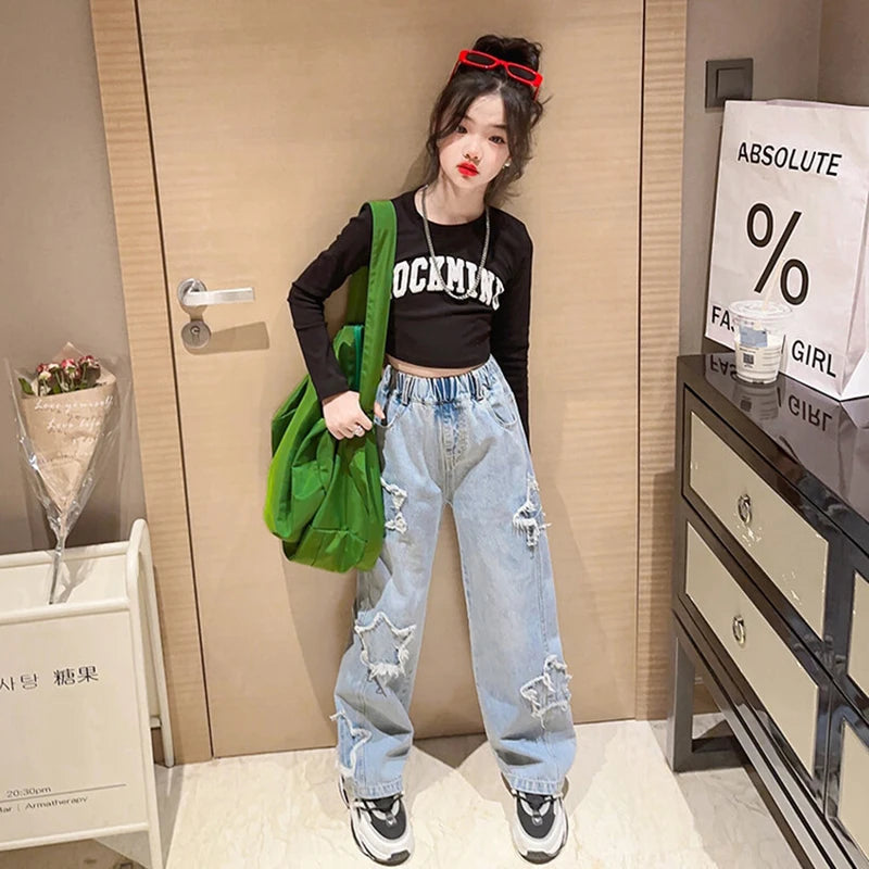 Spring Autumn Teenager Girls Denim Wide Leg Pants Children Trousers New Fashion Star Pattern Girls Jeans 5-14 Years Kids Clothes