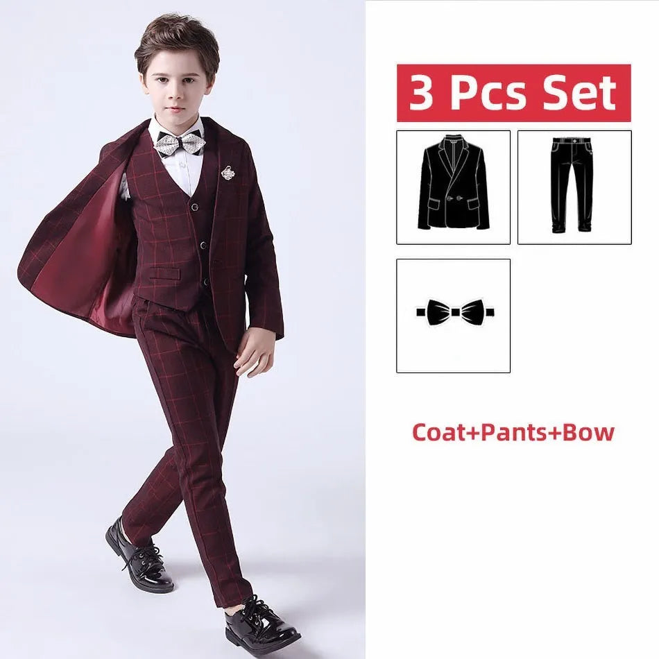 Teenager Costume Boy Young Blazer Children Elegant Party Suit Baby Blue Gray Red Plaid Birthday Tuxedo Gentlemen Pageant Outfits
