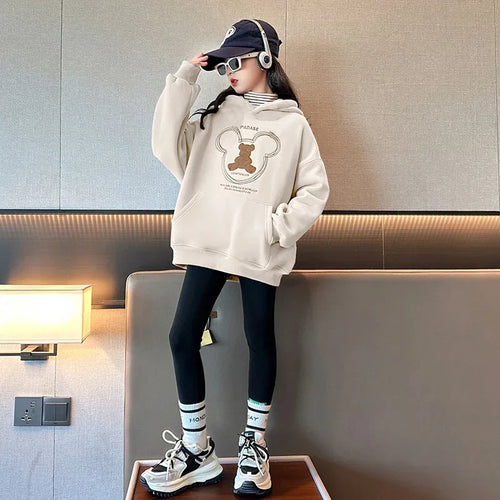 2025 girls clothes autumn winter sweatshirt bear t-shirt hooded + stretch pants leggings teens children set 8 9 10 11 12 year