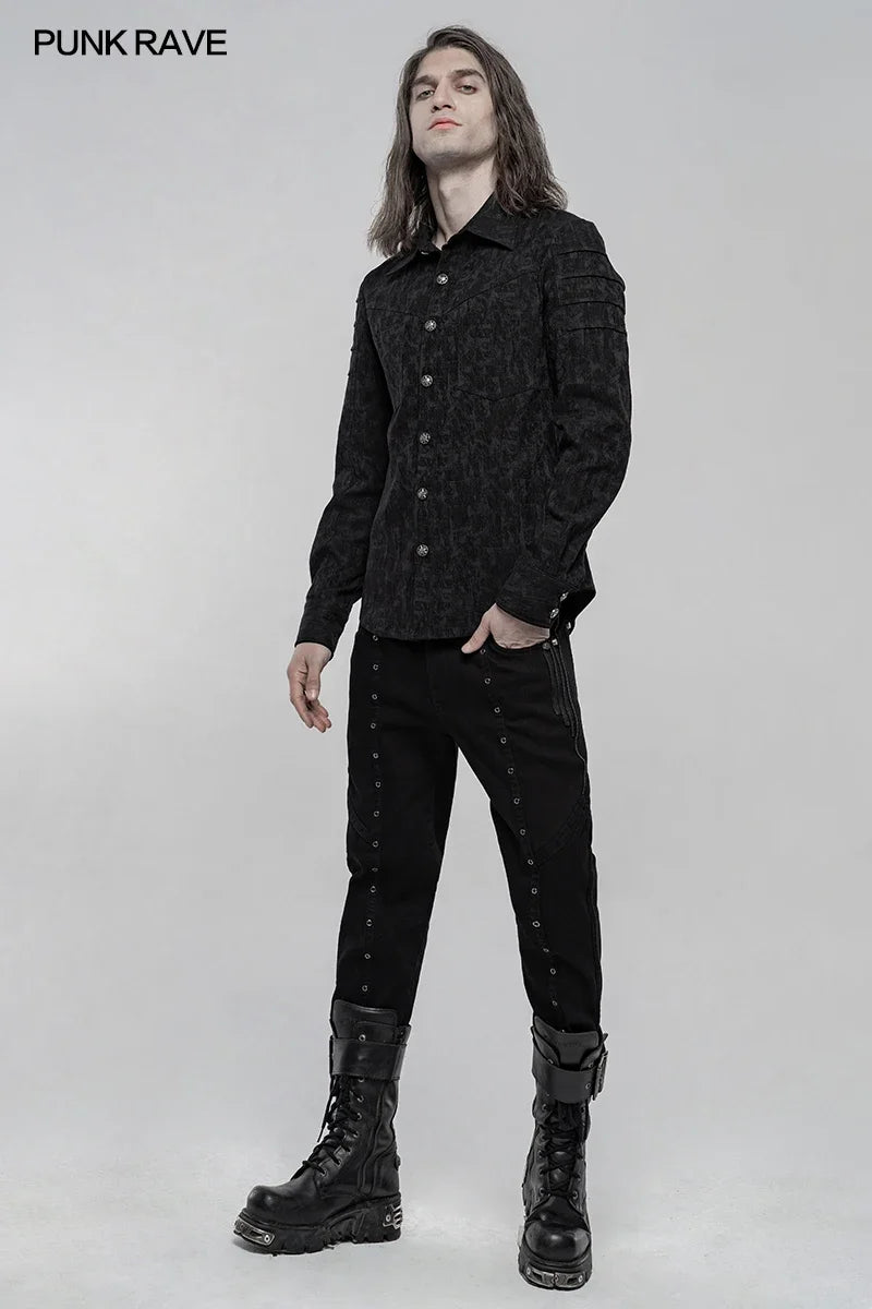 PUNK RAVE Men's Gothic Classic Stretch Jacquard Blouses Punk Slim Palace Noble Simple Casual Long Sleeve Men Shirts