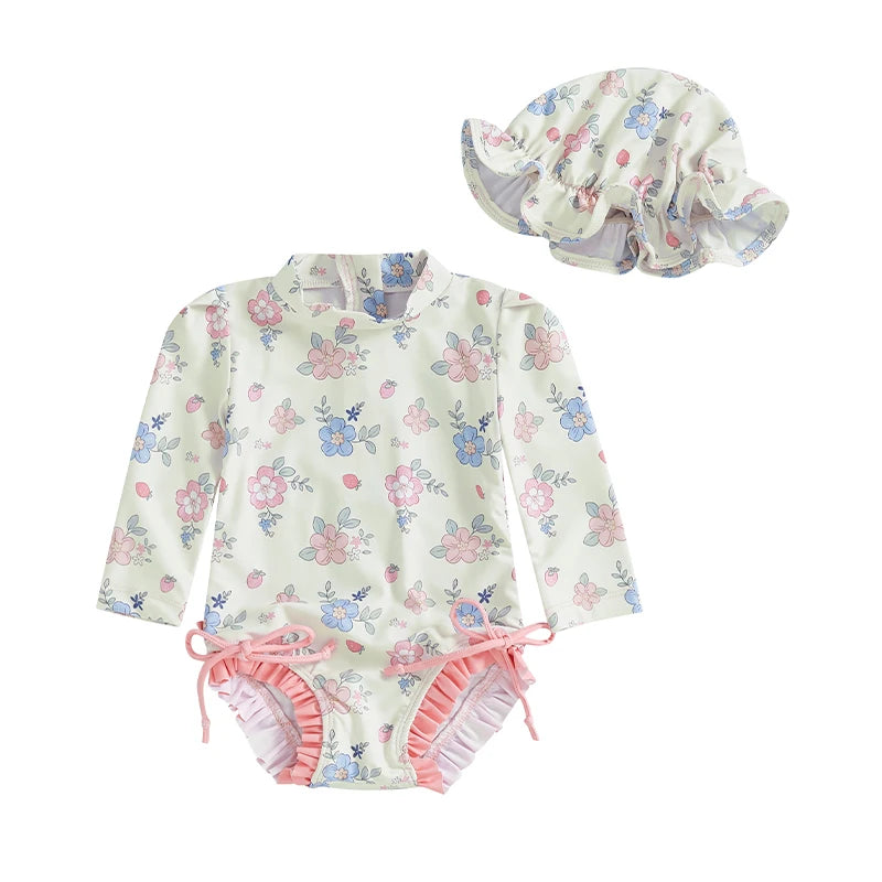 Newborn Baby Girl Swimsuit Summer Adorable Floral/Shell Print Long Sleeve Mock Neck Bathing Suit with Hat Rash Guard Swimwears