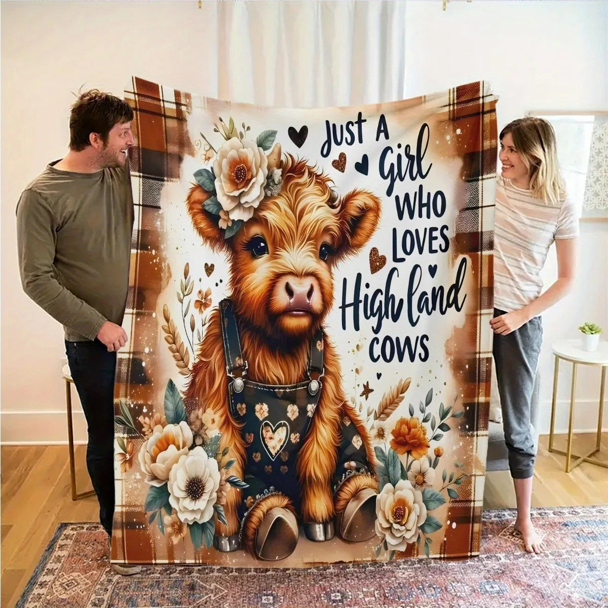 Flannel Blanket Multiple Sizes 2D Print Bohemian Highlands Cow Flowers Heart Soft Warm Sofa Bed Travel Camping Gift