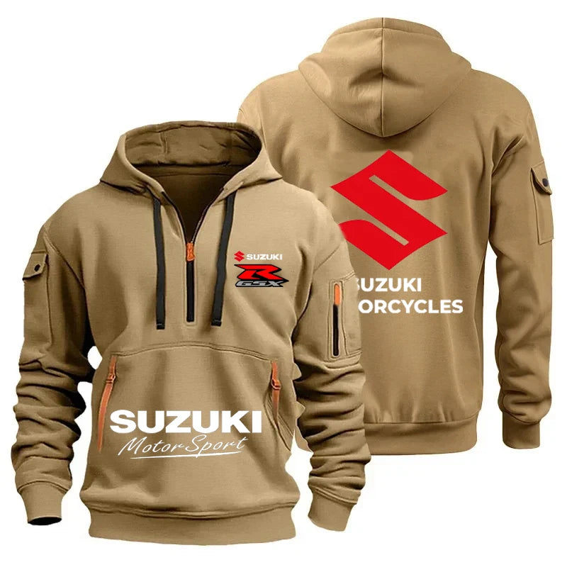 New Suzuki men's hooded sweatshirt for autumn and winter outdoor motorcycle sweatshirt, semi-zipper hooded sweatshirt