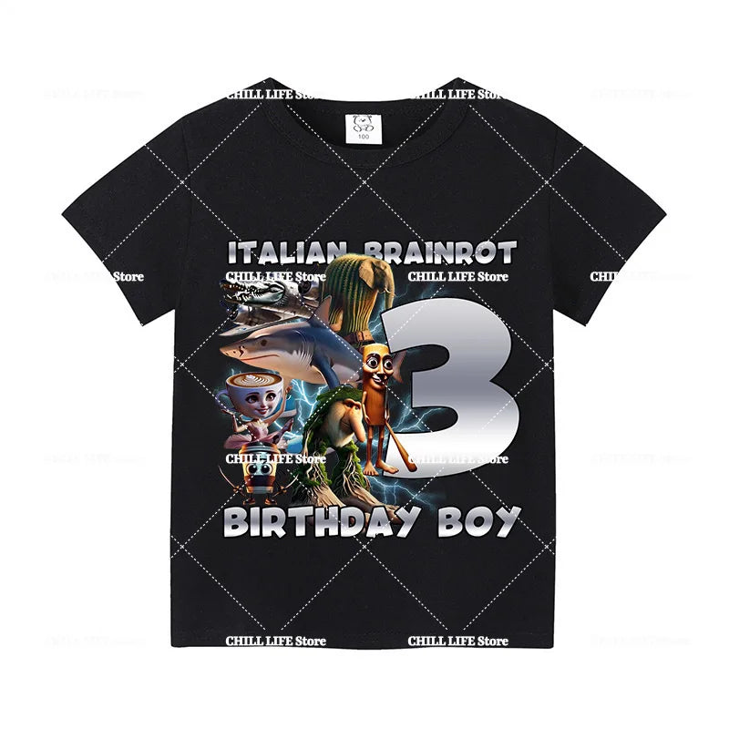 Italian Brainro Kids Birthday Number T-shirts Tung Tung Tung Sahur Summer Clothes Funny Meme Short Sleeves Tops Boys Girls Tees