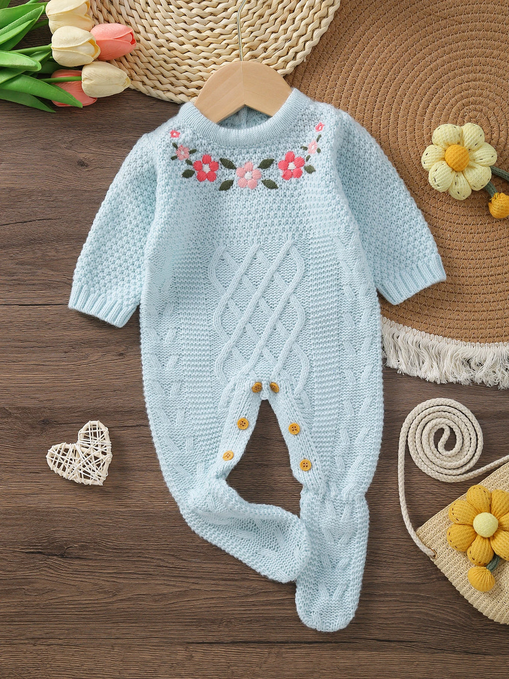 Ins Baby Autumn and Winter Flower Embroidered Long-Sleeved Knitted Jumpsuit with Feet