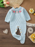Ins Baby Autumn and Winter Flower Embroidered Long-Sleeved Knitted Jumpsuit with Feet