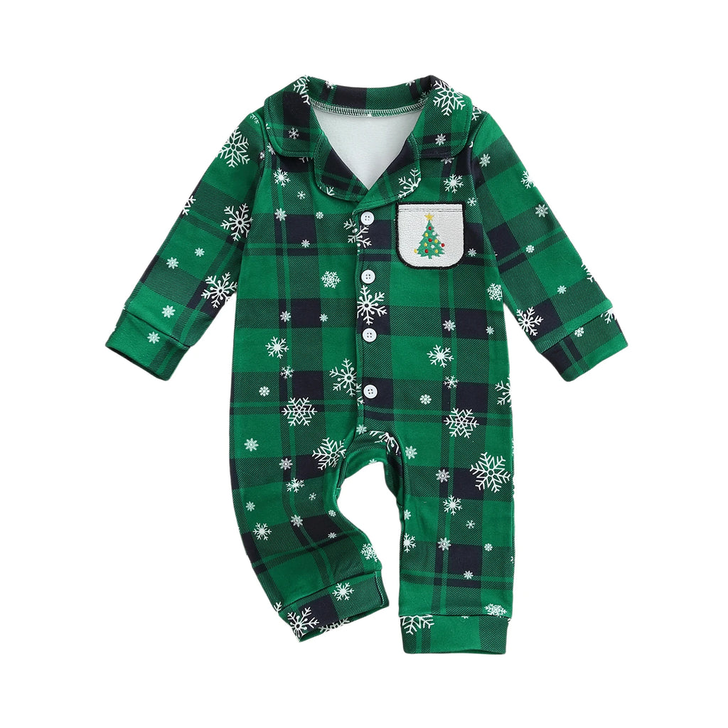 0-18M Newborn Baby Christmas Pajamas Plaid Snowflake Print Button Down Lapel V Neck Long Sleeve Romper