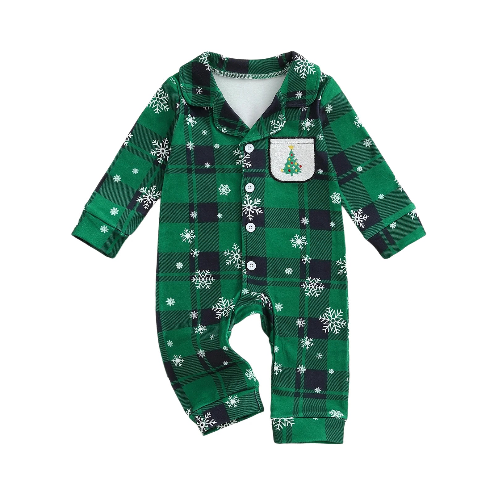 0-18M Newborn Baby Christmas Pajamas Plaid Snowflake Print Button Down Lapel V Neck Long Sleeve Romper