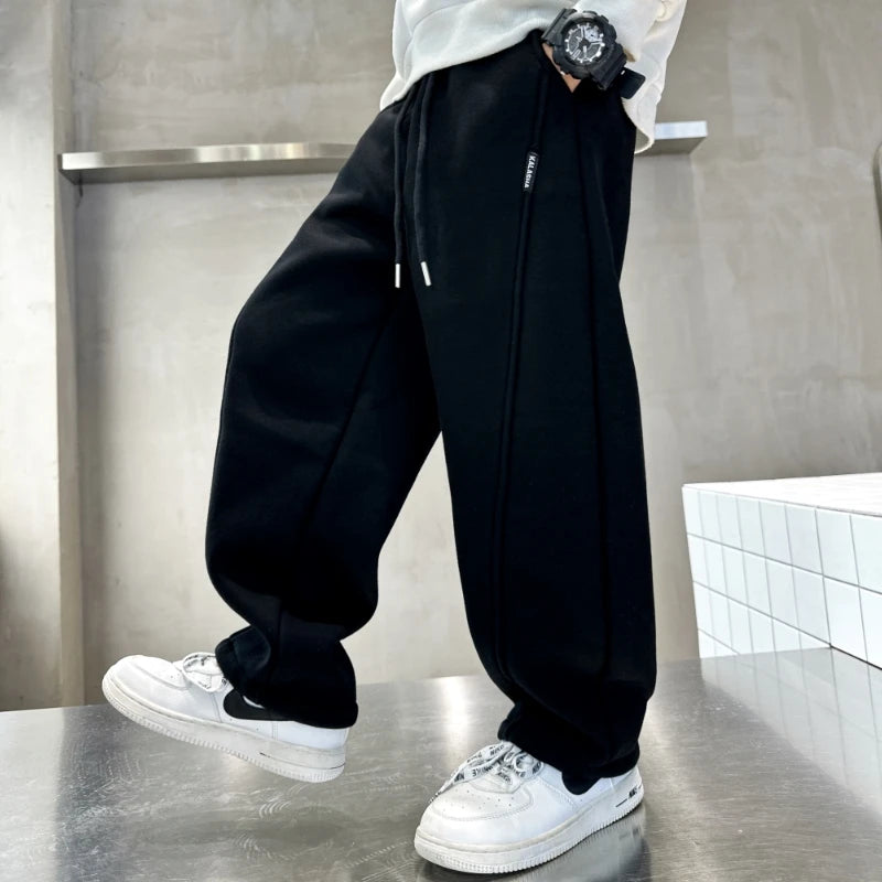 Minimalism Style Kids Cotton Knitted Sports Pants for Boys Casual Wide Leg Trousers Trackpants Children Black Grey Sweatpants