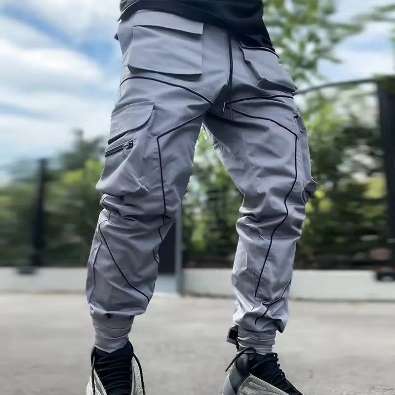 Men's Casual Pants Multi-pocket Cargo Trousers Striped Reflect Sweatpants Breathable Lightweight Jogging Trousers Gym Trackpant