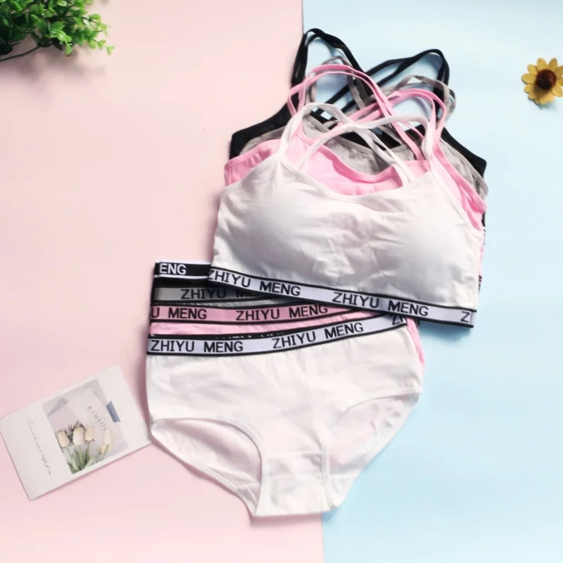 Teens Girls Cotton Training Bra Summer Breathable Briefs Panties Set Puberty Clothing 8-16 Years