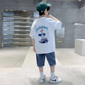 Teens Boy New Summer Clothing Set Cartoon Outfit Children Casual Short Sleeve T-shirt + Denim Shorts 2 Pieces Clothes Tracksuit