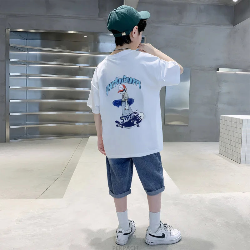 Teens Boy New Summer Clothing Set Cartoon Outfit Children Casual Short Sleeve T-shirt + Denim Shorts 2 Pieces Clothes Tracksuit