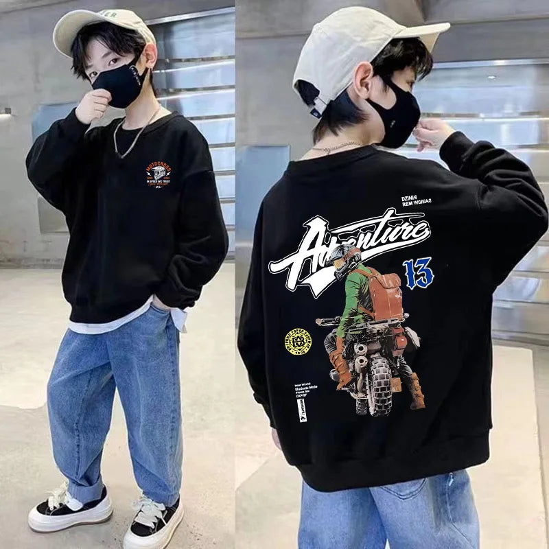 2025 Kids Clothes Boys Streetwear Motorcycle Print Hoodies Sweatshirt Boys Clothing 10 To 14 Years Long Sleeves Children Top
