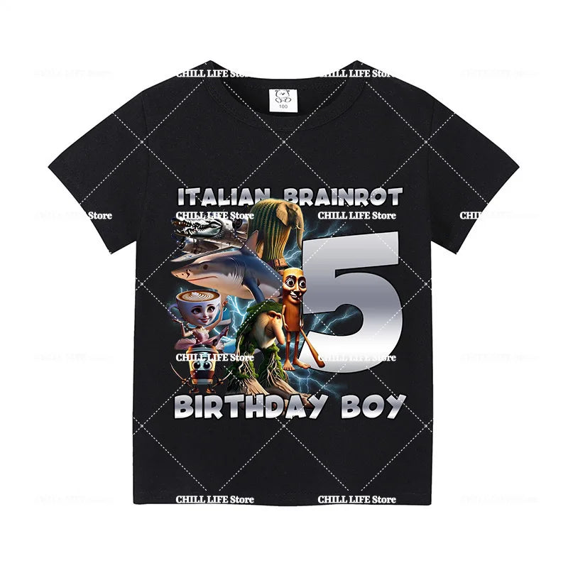 Italian Brainro Kids Birthday Number T-shirts Tung Tung Tung Sahur Summer Clothes Funny Meme Short Sleeves Tops Boys Girls Tees