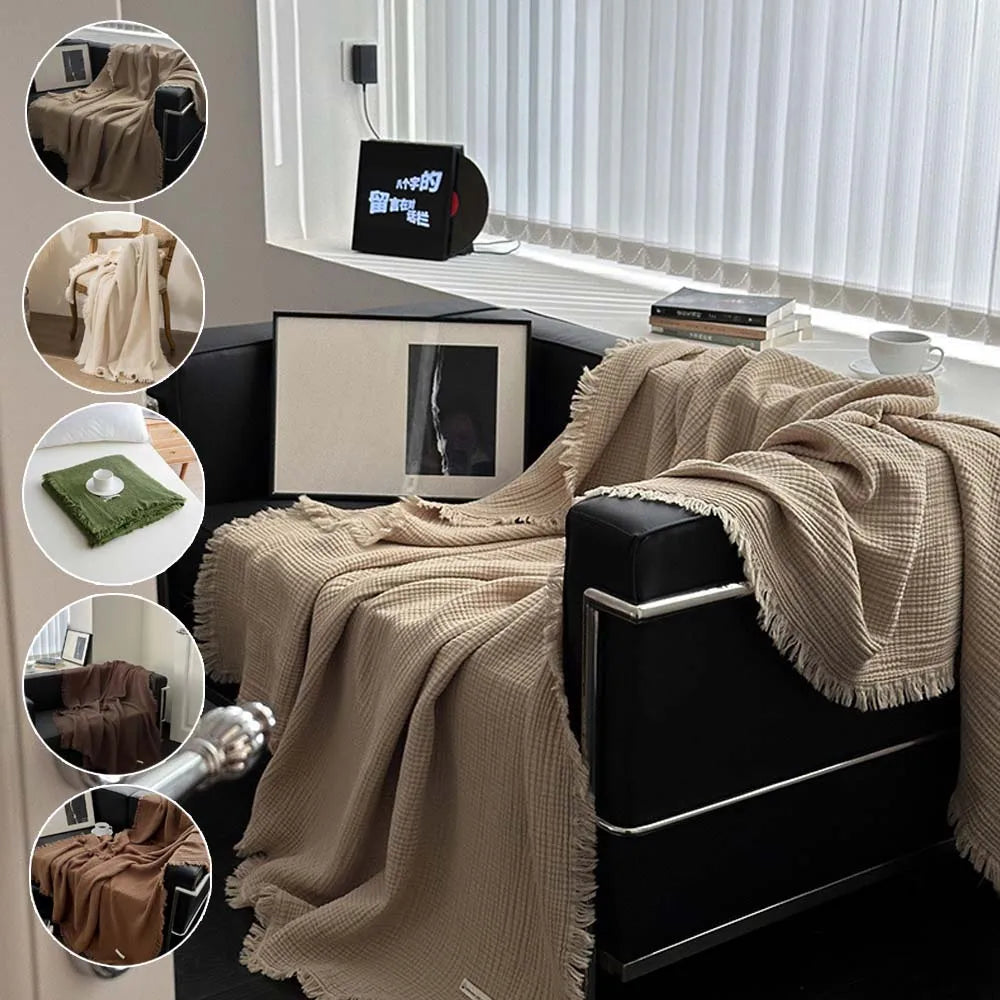1PC Blanket 100% Cotton Sofa Towel Tassels Bed Solid Color Shawl Skin-friendly Plaid Blankets for Travel Home Bed Sofa Office