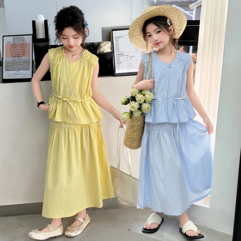 Children Clothing Sets for Girls Summer Teenages Kids Clothes 5-14 Year Girls Fashion Drawstring Sleeveless Top and Skirt Suit