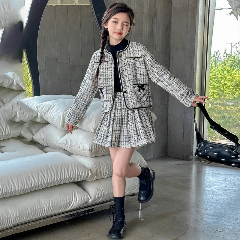 Teen Girls Skirts clothes sets French design Round neck jacket+Pleated skirt 2pcs fashion junior kid suit child outfits 4-14Y