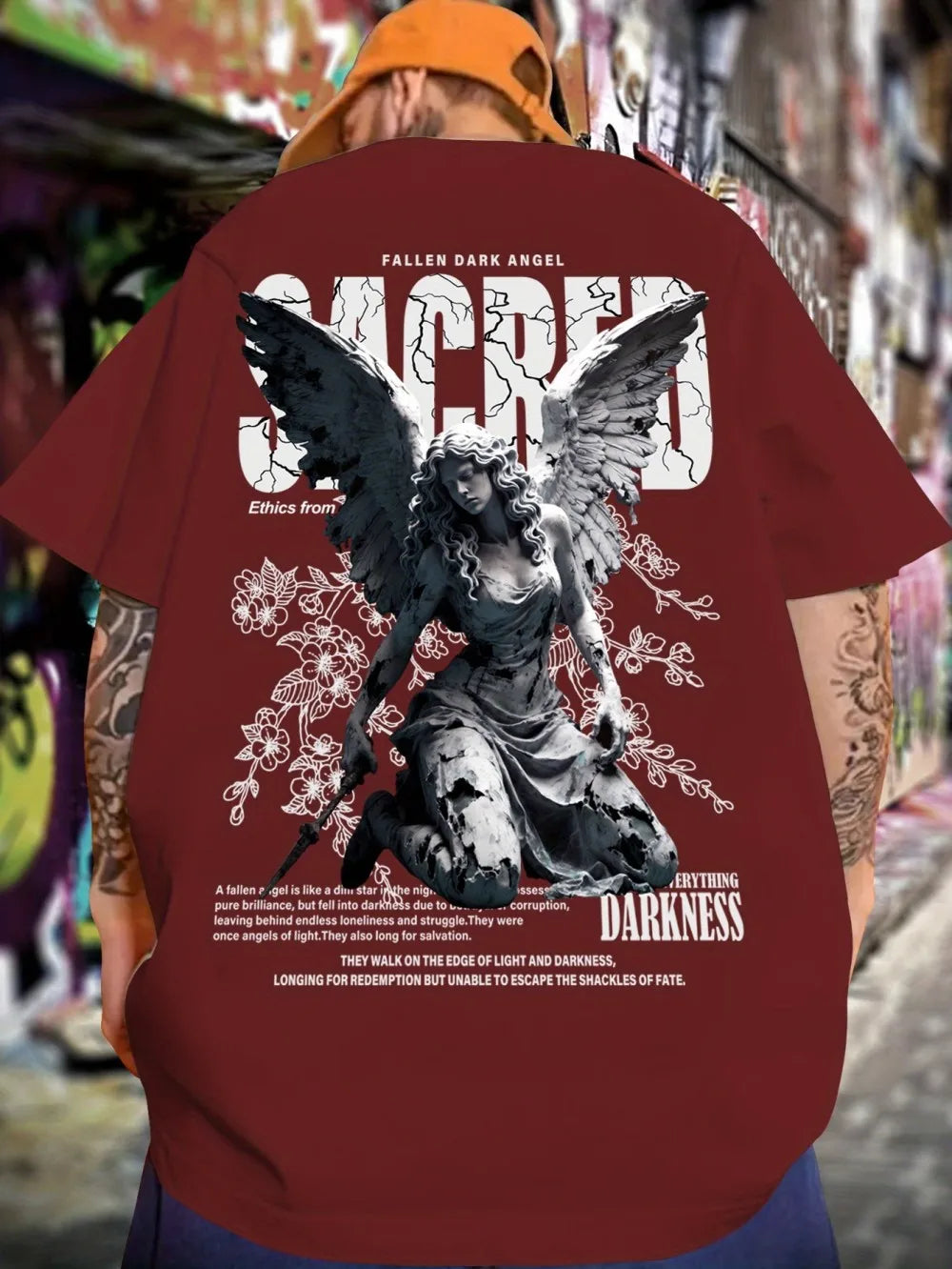 Summer fashion men's personalized angel letter print micro elastic breathable round neck T-shirt outdoor street versatile top