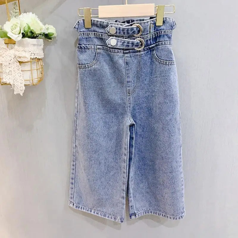 Girls' Wide-Leg Jeans Versatile Style 2025 Fashionable Big Kids Leisure Pants Spring And Autumn Girl Loose Double Waist Trousers