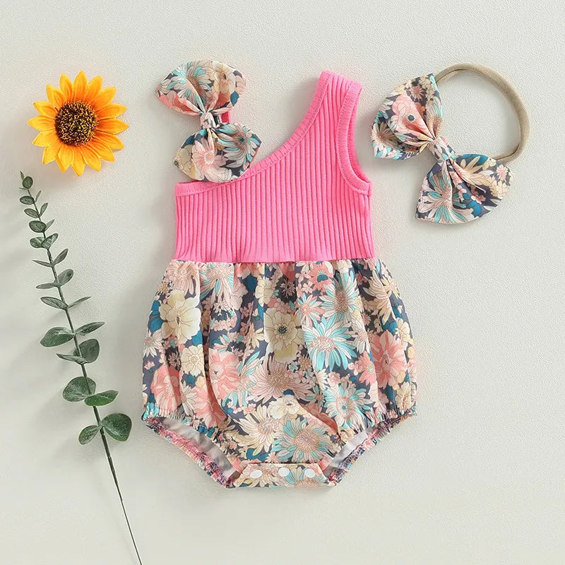 0-18months Baby Girl Summer Bodysuit Floral One Shoulder Romper and Stretch Headband Playsuit for infant girls