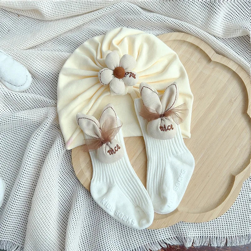 0-12 Months Baby Newborn Turban Cap Socks Set Cute Flower Princess Girl Indian Caps Cartoon Rabbit Ears Cotton Socks Kids Sokken