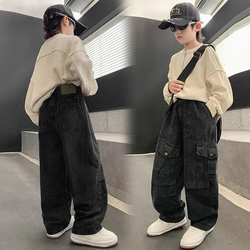 Boys Cargo Jeans New Teenage Children Wide Leg Denim Pants for Kids Loose Pockets Trousers Spring Autumn 4 6 8 10 12 14 16Yrs