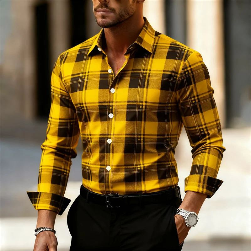 Men's plaid shirt, fashionable and casual street style long-sleeved shirt, men's tops, outdoor daily wear, large sizes XS-6XL