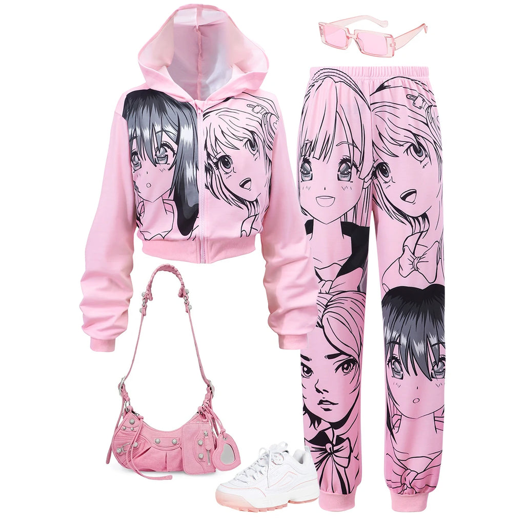 Teen Girl Clothes Children Outfit Pink Autumn Anime Girl Suit Overcoat + Pants 2Pcs Fashion Cute Set for Girls 13 14 15 16 Yrs