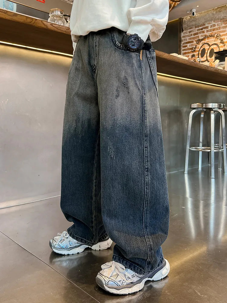 New Teenagers Boys Jeans Children Wide Leg Denim Pants for Kids Loose Pockets Trousers Spring Autumn 4 6 8 10 11 12 13 14 Years