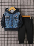 Toddler Boy's Spring and Autumn Outfit: Denim Printed Hoodie + Black Cuffed Pants, Trendy Fake Two-Piece Set for Boys