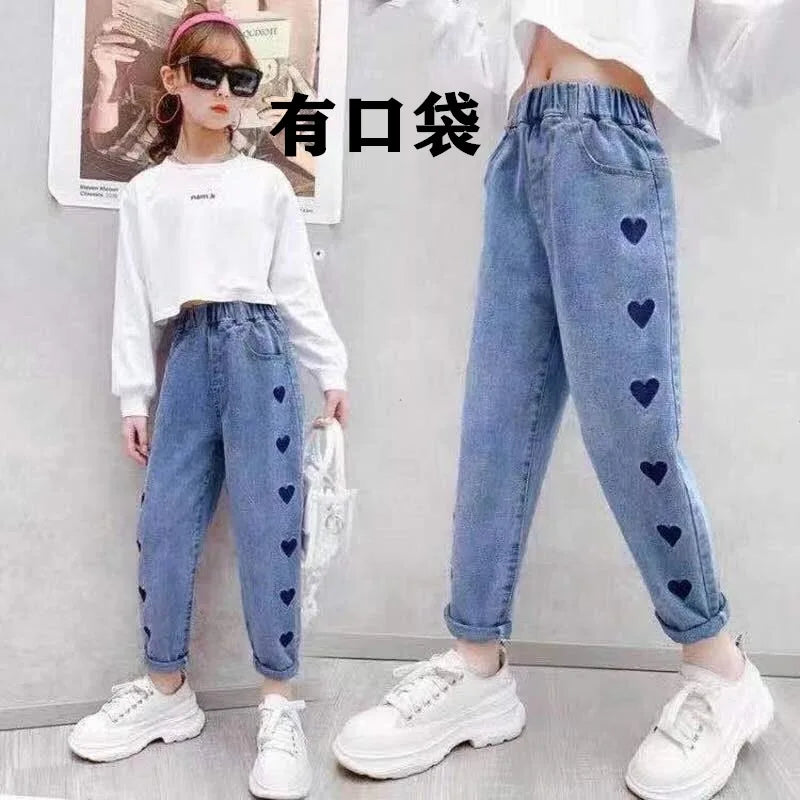 Girls Jeans spring autumn Casual Loose Side Gradient Color Young Children hole Wide Leg Pants3-12Years Teen School Kids Trousers