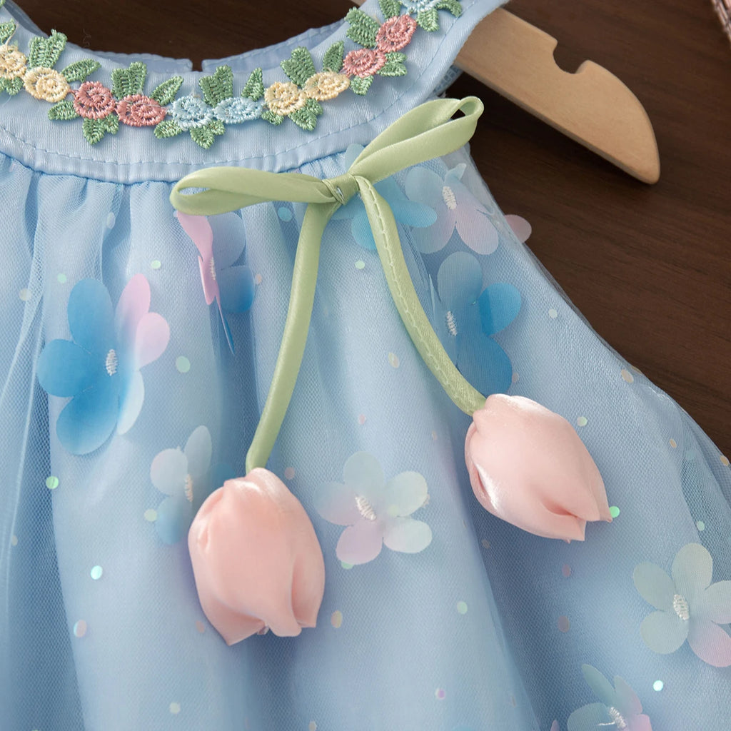 Girls' Dress Summer Floral Mesh Halter Neck Baby Girl Dress Cute Bow Baby Dress Baby Girl Clothes