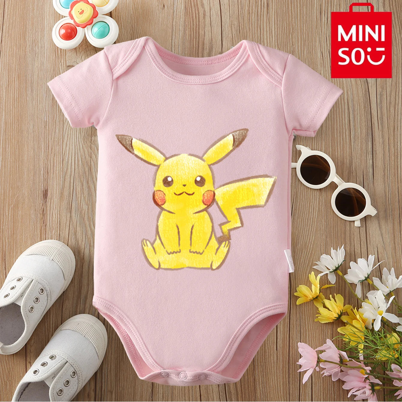 MINISO Pure Cotton Cute Pokemon Pikachu Print Bodysuit Baby Soft Cloths Gift for Baby Onesie Jumpsuit for 0 To 12 Months Newborn