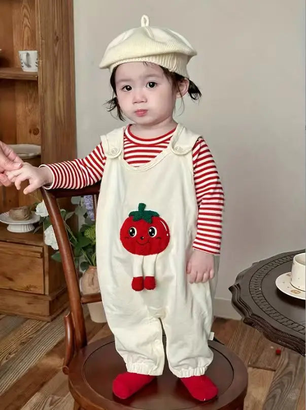 New Baby Set Spring and Autumn Cute Tomato Series Long Sleeve Base+Strap Pants Two Piece Combination Set Cute Style