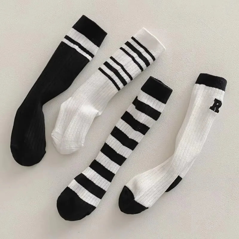 Spring Autumn Baby Cotton Kids Floor Sport Stockings New Korean White Black Striped Knee High Long Socks for Children Clothes